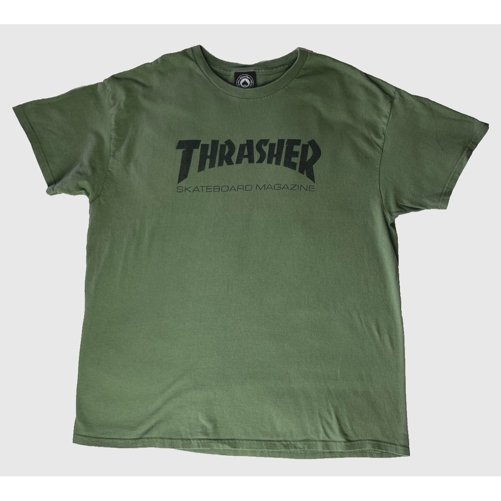 Thrasher Skate Mag T-Shirt Mens XL Army Green Black Logo Skateboard Magazine Tee